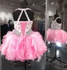 クリスタルビーズグリッツカップケーキのページェントドレスPuffy Organza Rufpled Featherピンクアイボリーボールガウン幼児リトルガール誕生日パーティードレス