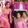 Sydafrikanska långa brudtärna klänningar 2018 Sheer Neck Lace Appliques Fushia Bridesmaid Gowns Plus Size Maid of Honor Dress for Wedding Guest