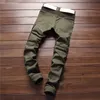 Wholesale- new brand men designer army green biker jeans men straight slim fit stretch denim skinny jeans mens trousers