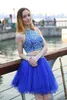 2021 Short Homecoming Dresses Jewel Crystal Beaded Two Pieces Sexy Sleeveless Royal Blue Tulle Aline Cheap Cocktail Dresses Party9697488