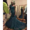 Saudiarabien Teal Aftonklänningar Sexig One Shoulder Långärmad Prom Klänningar Med Stor Flower On Axel Lace Appliques Afrikansk Party Dress