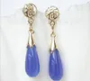 Genuine Dangle 8*21mm drop blue jade Earrings filled gold post e1801