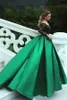 2019 Green Blue Ball Gown Evening Dresses Off Shoulder Long Sleeves Sequins Black Lace Appliques Satin Plus Size Prom Gowns Party Dresses