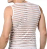 Men's Tank Tops Wholesale- Men Sexy Male Sex Underwear Stripe See Through Gay Clothing Mesh Shirts Man Clothes Undershirts Vest