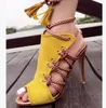 2017 Женская мода зашнуровать Гладиатор сандалии Пип toe высокие каблуки летние сандалии сапоги обувь для вечеринок шпильки желтый кожаный платье обувь