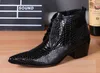 Luxury Men Black Leather Shoes High Top Business Leisure Fashion Designer Lace Up Ankle Boot Man Snake Pattern High Heel Boots, Big Size