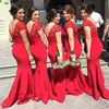 Red V-Neckline Long Mermaid Bridesmaid Dresses Sleeveless Back Covered Button Sweep Train Evening Dresses With Applique Custom Made Gowns