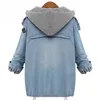 Fashon Women Blue Hooded Drawstring Boyfriend Trends Jean Swish Pockets Two Piece Outerwear Women Long Sleeve Buttons Coat