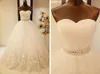 2016 Custom Made Country Wedding Dresses Sexy Sweetheart Neck Sparkly Crystal Sash Ivory Lace Applique A Line Backless Corset Bridal Gowns