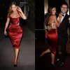 2017 Sexy Dark Red Elastic Silk like Satin Short Sheath Cocktail Dresses For Women Cheap Halter Lace Up Back Knee-Length Party Gowns EN10236