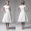 Hochzeitskleid Vintage 1950er Jahre eine Linie Tee Länge mit kurzen Kappe Ärmel Chiffon Satin Kurzstrand Brautkleider maßgeschneidert China
