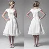 Vestido de noiva vintage 1950s por linha comprimento de chá com mangas de tampa curta CHIFFON CETINO CURTO PRAIA BRIDAL VESTIL