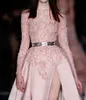 2022 Zuhair Murad Prom Klänningar Lång Mode Pärla Rosa Lace Applique Beaded Illusion Långärmad Sheer Neck High Slit Party Evening Gowns