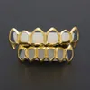 Nieuwe hiphop custom fit grill zes holle open gezicht gouden mond grillz caps top bodem met siliconen vampier tanden set