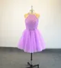 Vrai échantillon robe de fête arrière de trou de serrure perle violet robe de bal de bal sexy couche licou alinét