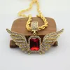 Full CZ Iced Out Angel Wings Red Ruby Pendant Necklace Gold Plated Hip Hop Bling Bling 30inch Rope Chian Jewelry