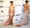 Sexy Blush Aberto de Volta Vestidos de Noite Do Baile de Finalistas Alessandra Ambrosio Oscar 2019 Sereia Halter Alta Dividir Longo Vestido de Festa de Celebridades Vestidos