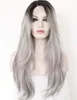 Ombre Gray 2 Tones Synthetic Lace Front Pruik Donkere Wortels Lange Natuurlijke Rechte Zilver Grijs Vervanging Haar Pruiken Voor Vrouwen Hittebestendige Fibe