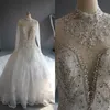 Modest Real Picture High Neck Luxury Wedding Dresses Crystals Beads Beading Lace Appliques Illusion Long Sleeves Bridal Gowns with Train