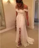 2016 Hot Sell Beach Trouwjurken Sexy Off Shoulder Fit and Flare Ivory A-lijn Backless High Slit Chiffon Country Bridal Jads Court Train