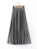 Fashion Gold Skirts Elastic Waist Silver Long 2017 Spring Summer Dresses Pleated Skirts Top Quality Cheap Beach Dress High Waist