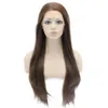 24" Long Brown Wig Silky Straight Half Hand Tied Heat Resistant Synthetic Fiber Lace Front Fashion Wig