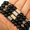 Krachtige sieraden groothandel 8mm zwarte onyx steen met prachtige micro-inlay clear cz rechthoekige buis armband