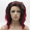 Iwona Hair Natural Wavy Medium Long Dark Root Burgundy Ombre Wig 17#4/burg2 Half Hand Tied Heat Resistant Synthetic Lace Front Wig