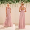 Billiga Jasmine Bridal Blush Pink Bridesmaid Dresses Country Style Halter Neck Lace Chiffon Full längd Formell Prom Party Gowns Custom Gjorda