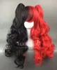 free shipping new Hot sell Best Harley Quinn Black red wavy hair cosplay synthetic long 2 Ponytail wig