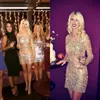 Sparkly Färgglada Beaded Short Prom Klänningar Skede Långärmade Seve Through Evening Gowns Zipper Back Cocktail Party Dresses
