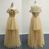 2016 Prom Klänningar från axeln Weave Champagne Tulle A-Line Evening Gowns Real Images Dhyz 01