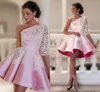 Baby Pink One-shoulder Homecoming Dresses Lace Half Sleeve Satin Ruched Short Party Dresses Custom Made Dubai Style Formal Prom Dr206c