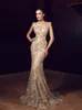 Fashion 3D Applique Mermaid Formal Dresses Evening Wear Sheer Jewel Neck Evening Gowns Beading Sweep Train Tulle Prom Dress
