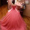 Coral Pink Long Sleeve Ball Gown Wedding Dresses Appliques Lace Off the Shoulder Tulle Manga Longa Bridal Gowns Vestidos De Novia5463318
