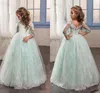 2017 Romantic Mint Green Flower Girl Dress for Weddings Tulle with Lace Open Back Ball Gown first communion pageant dresses for girls