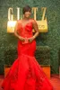 Robes de bal de sirène rouge avec des appliques scintillantes, plus la taille pure cou robes de soirée sans manches robes de soirée formelles sud-africaines