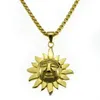 Collier avec pendentif en acier inoxydable pour hommes et femmes, or 18 carats, visage solaire, bijoux N234