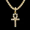 Colares egípcios ankh com chave, corrente banhada a ouro com strass, cruz de cristal, pingente gelado para mulheres, rapper, hip ho3173