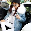 Toptan-Oftbuy markası 2017 Sonbahar Kış Ceketi Ceket Kadın Delikleri Denim Ceket Gerçek Büyük Raccoon Kürk Yaka ve Sahte Kürk Kalın Sıcak Astar