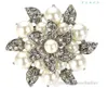 1.6 Inch Rhodium Silver Cream Pearl and Rhinestone Crystal Diamante Leaf Flower Brooch Wedding Pins