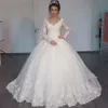 Gorgeous V-neck Ball Gown Long Sleeve Wedding Dresses 2021 Lace Applique White Bridal Gowns robe de mariage310K