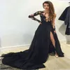 2018 Elie Saab Sexy Długie Rękawy Czarny Split Suknie Wieczorowe Custom Made Długość podłogi Illusion Lace Top Zroszony Szyfonowe Party Party Prom Dresses