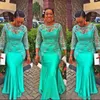 Afrikaanse zeemeermin turquoise prom jurk 2017 kant Nigeria lange mouw moeder prom dresses aso eBI stijl avond plus size party jassen