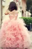 Niedliche Ballkleid-Tutu-Blumenmädchenkleider für Hochzeiten, gerüschter Tüllrock, bodenlange Spitze, rosa Mädchen-Festzug-Kleider, Kleinkind-Kleider