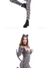 Tuta da donna con stampa leopardata con coda Tuta sexy con scollo a V profondo Costume di Halloween Costume animale Tuta da gatto
