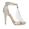 2023 Модные свадебные туфли с перьями 4-дюймовые свадебные туфли со стразами и кристаллами на высоком каблуке с застежкой-молнией Сандалии для вечеринок Обувь для женщин Размер US4-9