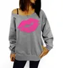 Partihandel-2015 Kvinnor Sweatshirts One Piece Sexy Red Lips Print Oversized Off Shoulder Edge Kvinna Pullovers Långärmad Lady Hoodies