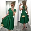 2017 Cheap Jade Green Short Cocktail Dresses Lace Appliques Cap Sleeves Party Gowns Backless Pleats Satin Vintage Knee Length Prom Dress