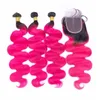 Dark Roots Pink Human Hair Bundles With Lace Closure ombre 1b pink Brazilian Virgin body wave Human Hair 3Bundles With Top Clo5821245